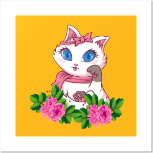 Cute Cat Animals Flower Posters and Art